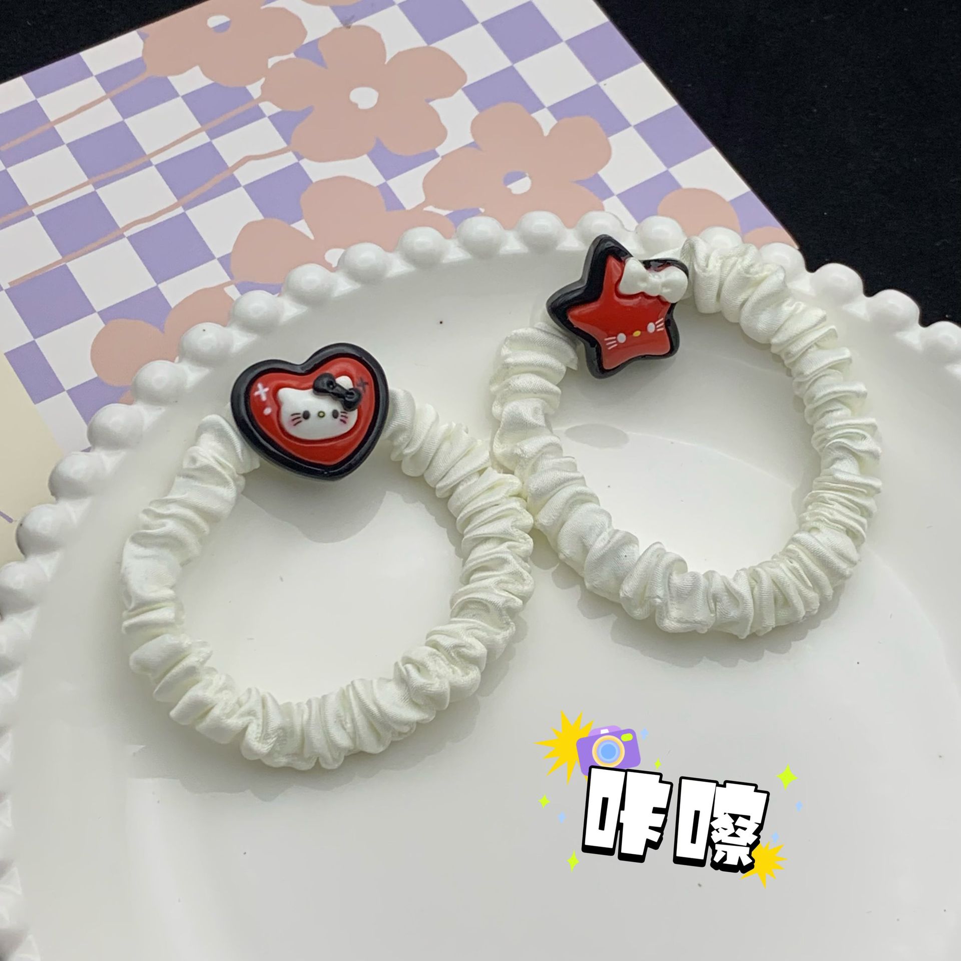 Cartoon Cute Black and Red Cat Bone Hair Rope Ins Girl Heart Student Couple Small Rubber Band Headdress Mori Style Hair Ring