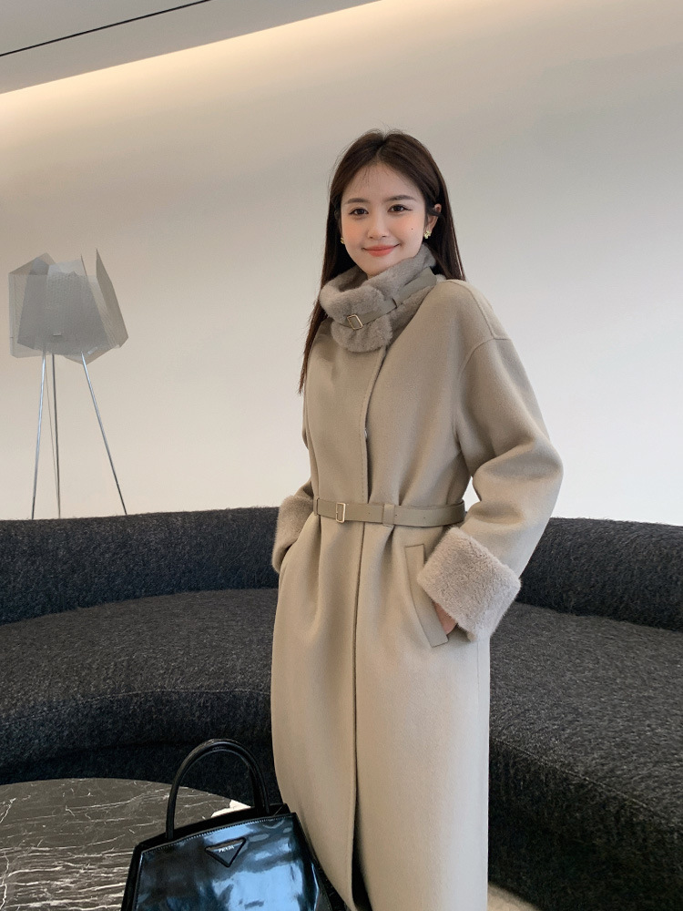 2023新款 双面羊绒大衣女中长款 水貂毛领 鹅绒内胆 皮带-阿里巴巴