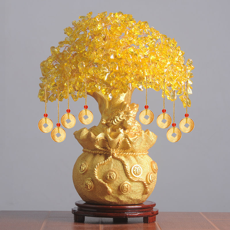 黄水晶摇钱树摆件招财树家居酒柜装饰品客厅工艺品发财树开业礼品