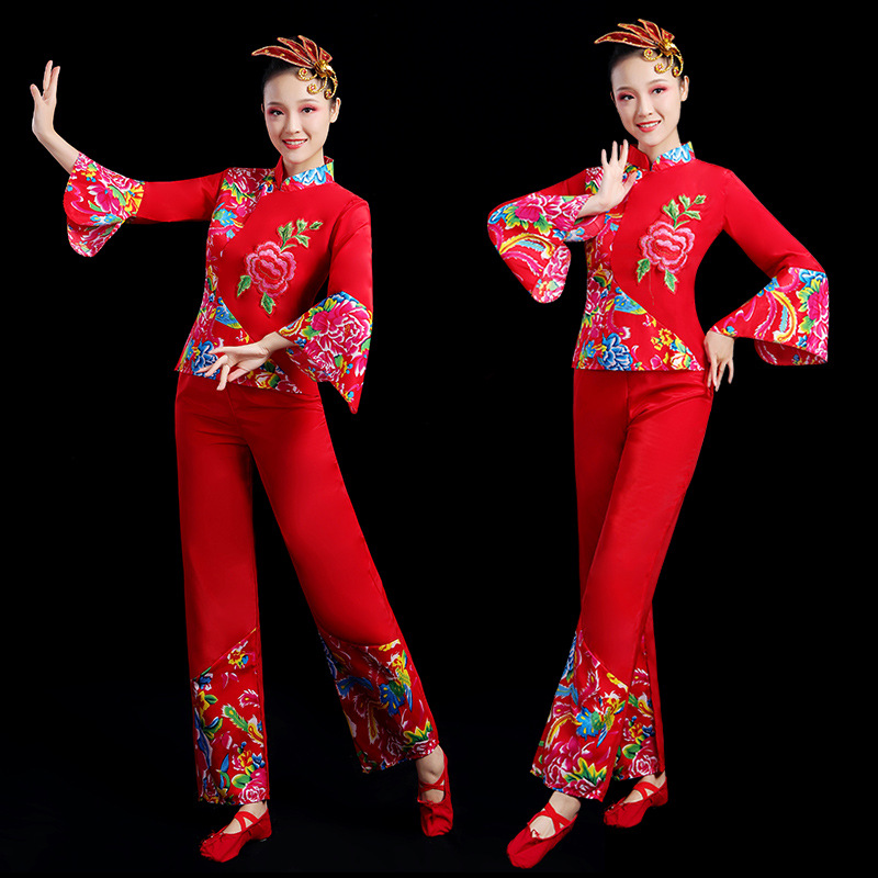 东北扭秧歌服演出服2024新款舞蹈服装中国风大花布套装红色扇子舞