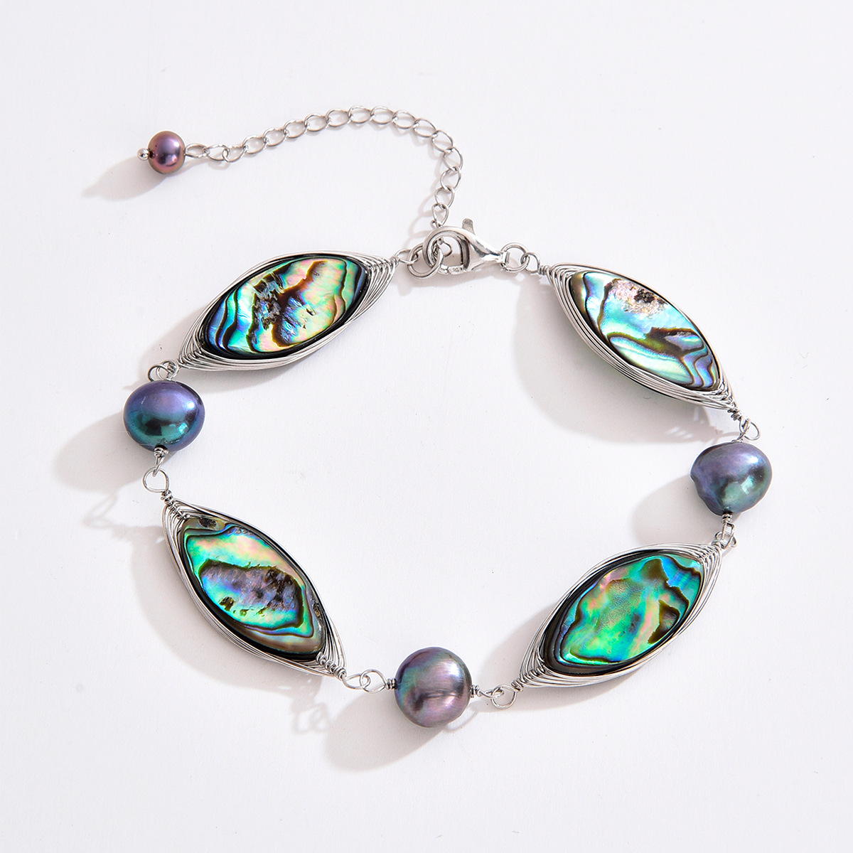 跨境新款925纯银孔雀绿养殖淡水珍珠鲍鱼贝手链个性设计珠宝礼物