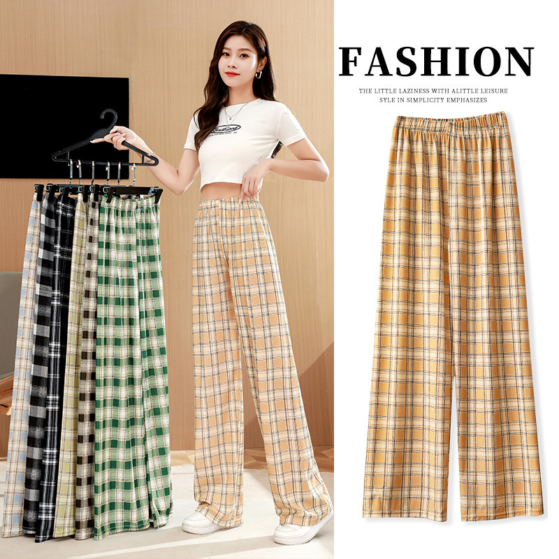 Plaid Pants Women's Summer Thin 2022 New High Waist Slimming and Straight Wide Leg Pants Loose Drooping Mopping Casual Pants