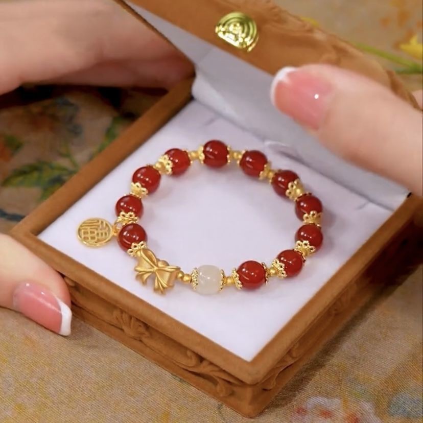 New 18K Jade Hare Bracelet Female Red Agate Beads Subnet Red Jequirity Bean Bracelet Hetian Jade Present to Girl