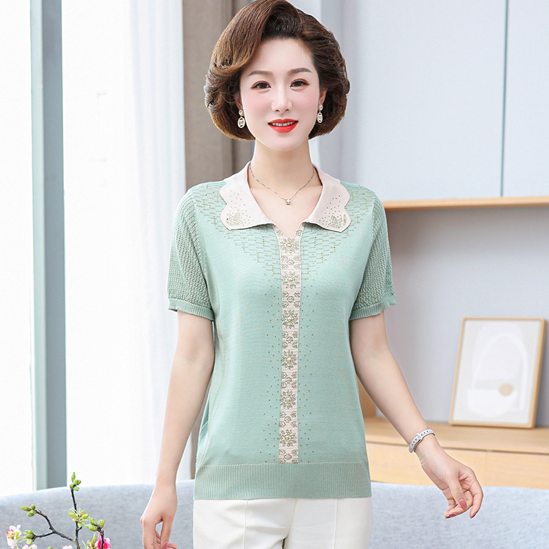 Mom Lapel Underwear Blouse 2023 Summer New Large Size Women's Clothing Youthful-Looking Loose Western Style Middle-Aged and Elderly Short Sleeve Top