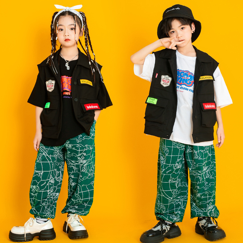 儿童爵士舞演出服男童嘻哈马甲套装潮牌街舞服装女童炸街走秀潮装