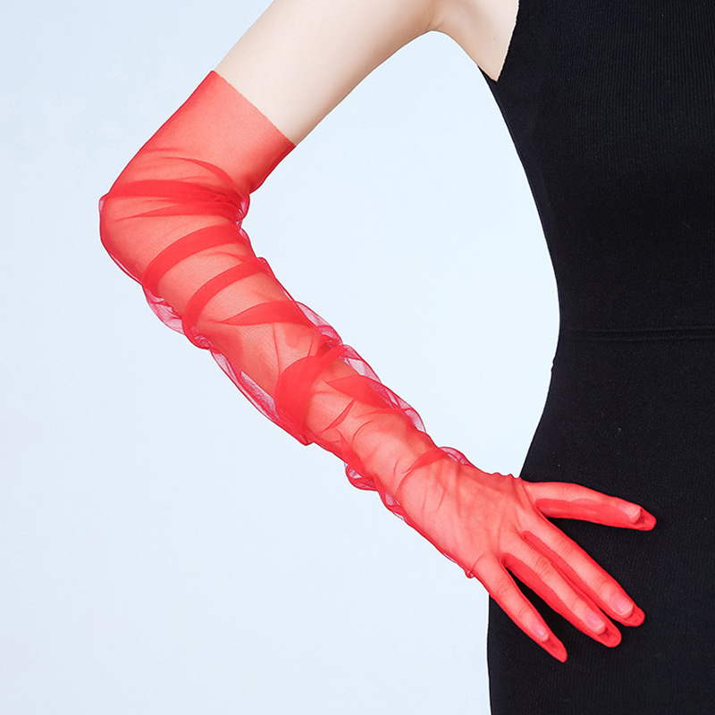 糖果色素纱长手套diy薄纱透明性感网纱派对舞会手臂袖套情趣手套