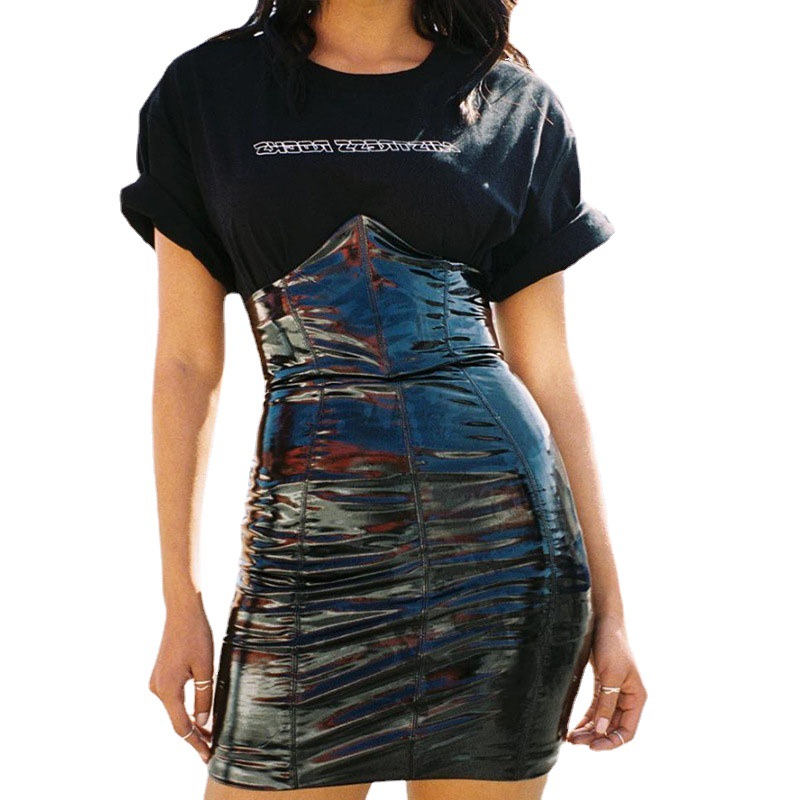 跨境欧美女装春夏新款高腰紧身包臀裙镜面漆皮半身裙a字裙pu皮裙