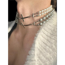 原创设计 「无序的」银珍珠十字钛钢项链choker