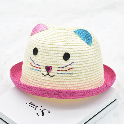 Summer Children's Fun Children's Straw Hat Embroidered Cat with Ears Small Flip Hat with Sequins Bay Hat Sun Hat 52cm