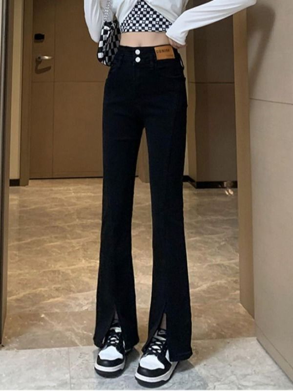 Black Slit Jeans for Women Autumn and Winter New American Small High Waist Tight Slimming Mopping Bootleg Pants Tide