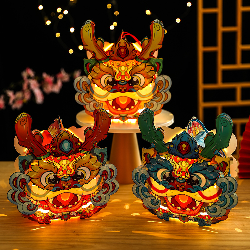元宵手提灯笼中秋节diy材料包儿童卡通国潮龙灯笼新款花灯发光