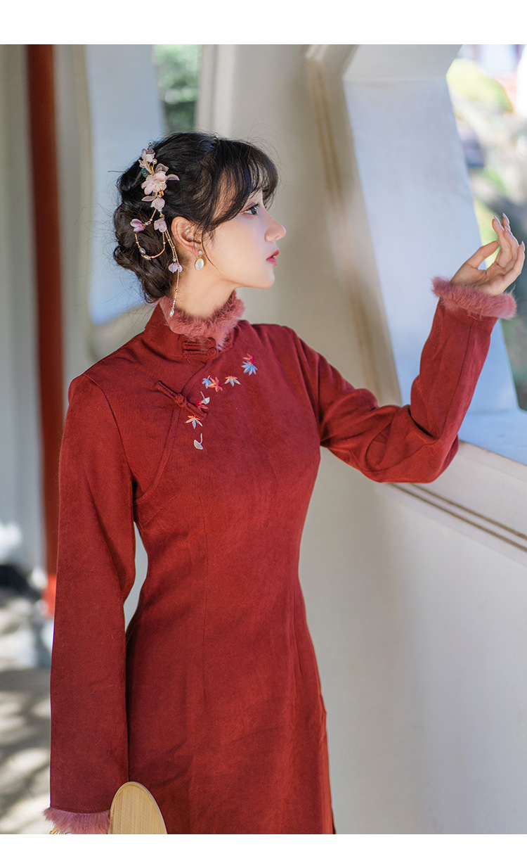 实拍季候复古暗红色典雅刺绣修身少女旗袍裙两件套国风旗袍连衣裙