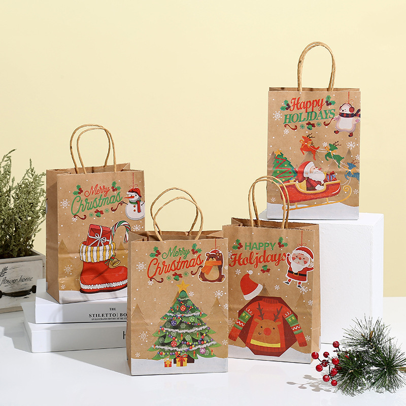 Christmas Kraft Paper Bag Tote Bag Natural Color Paper Bag Christmas Eve Gift Packing Bag Gift Bag Factory Direct Sales