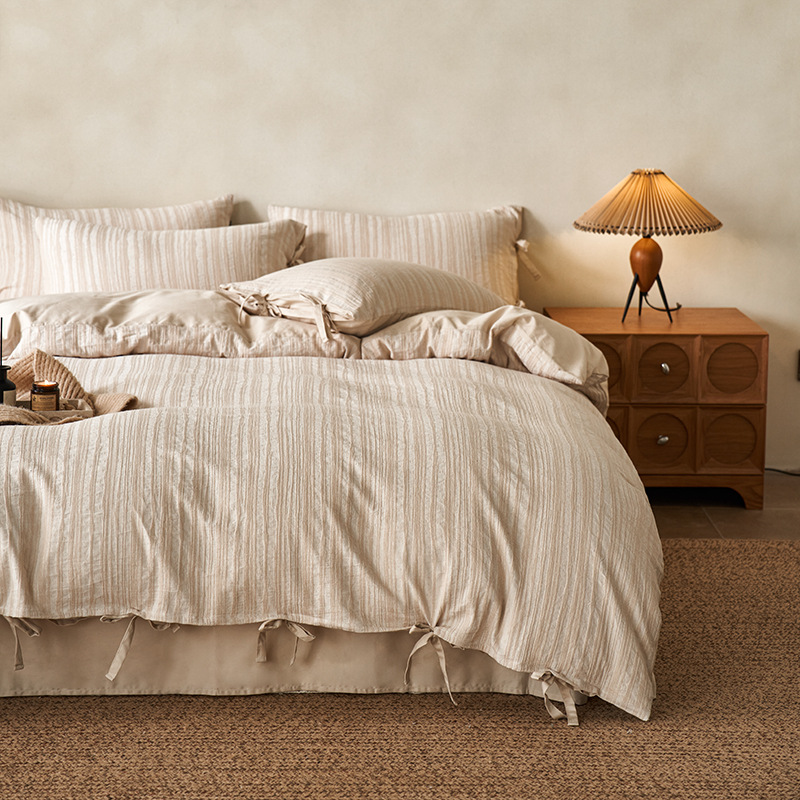 侘寂风亚麻大提花贡缎磨毛床上四件套秋冬款床单被套床笠1.8m床品