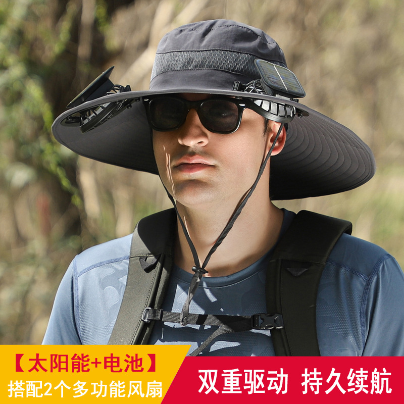Long Endurance Lithium Battery Fan Solar Charging Strong Wind Power Summer Big Edge Sun Protection Hat Male Sun-Shade Fisherman Hat Quick-Drying