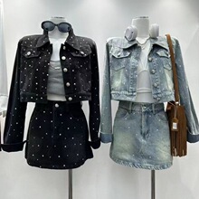 2024秋女韩版设计感气质牛仔外套+裙裤套装重工烫钻翻领短款夹克