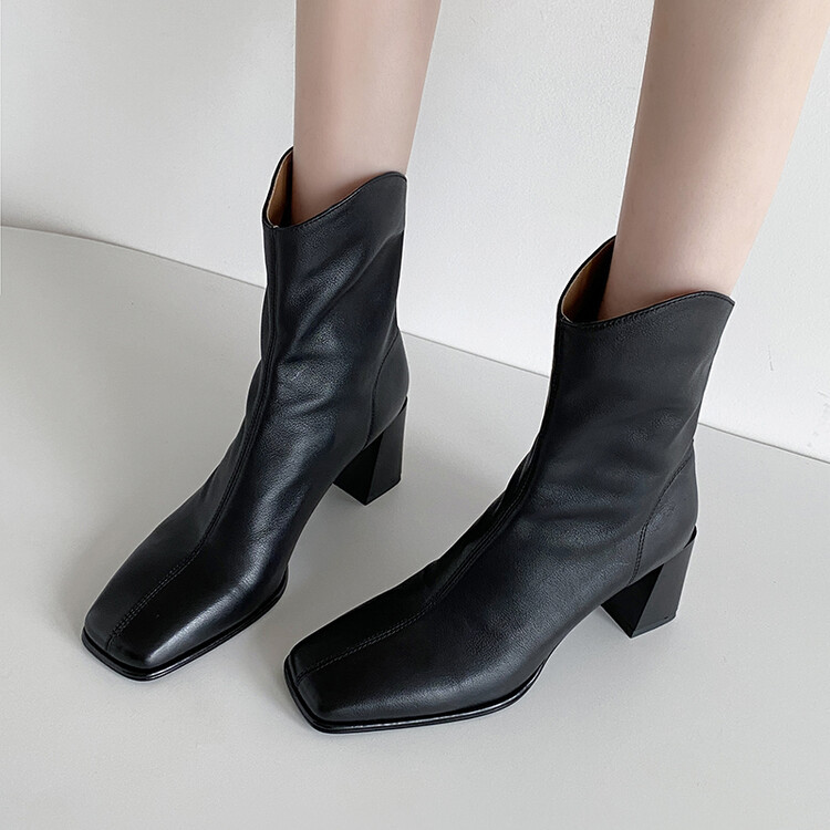 里外全皮女靴粗跟方头后拉链切尔西靴头层牛皮欧韩气质高跟短靴软