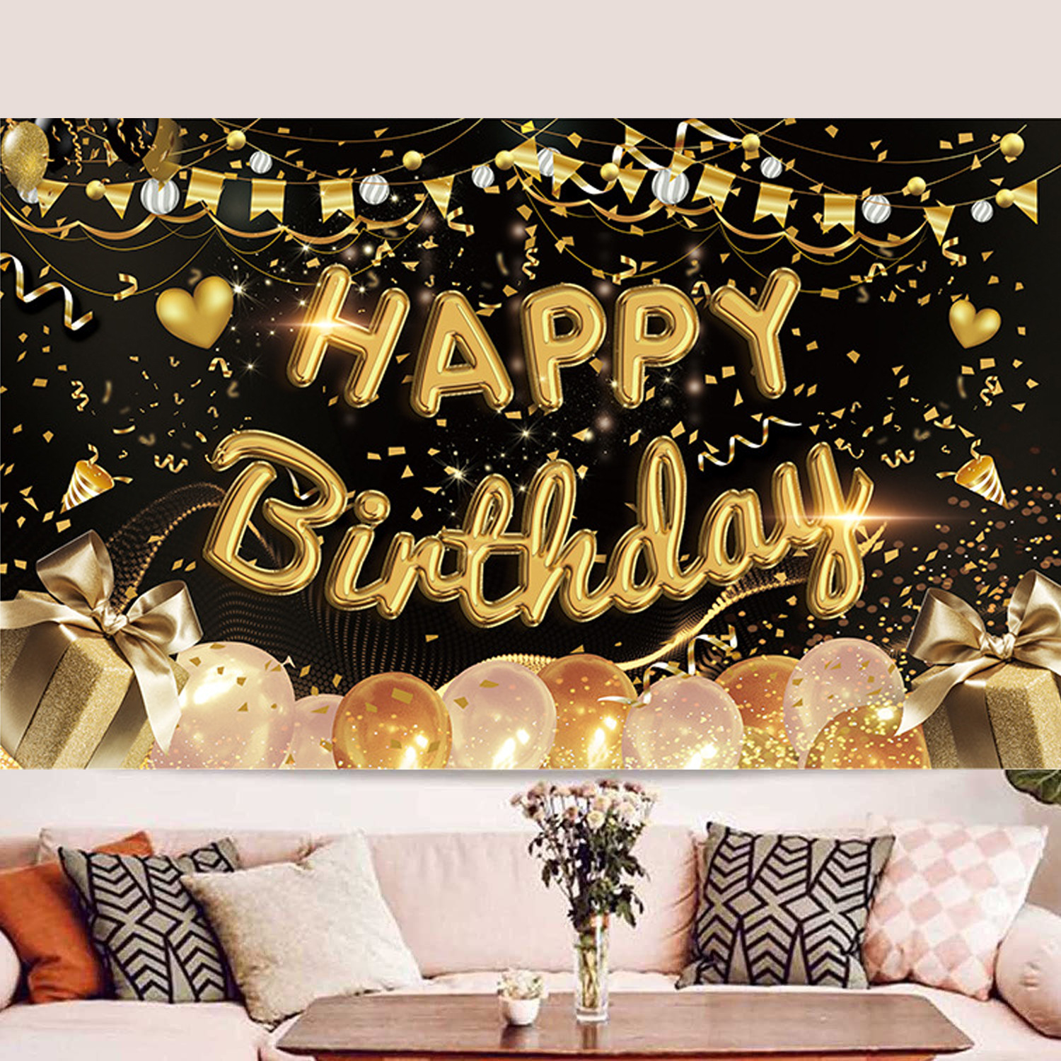 跨境birthday黑金生日派对横幅 户外场景装饰周岁生日快乐背景布