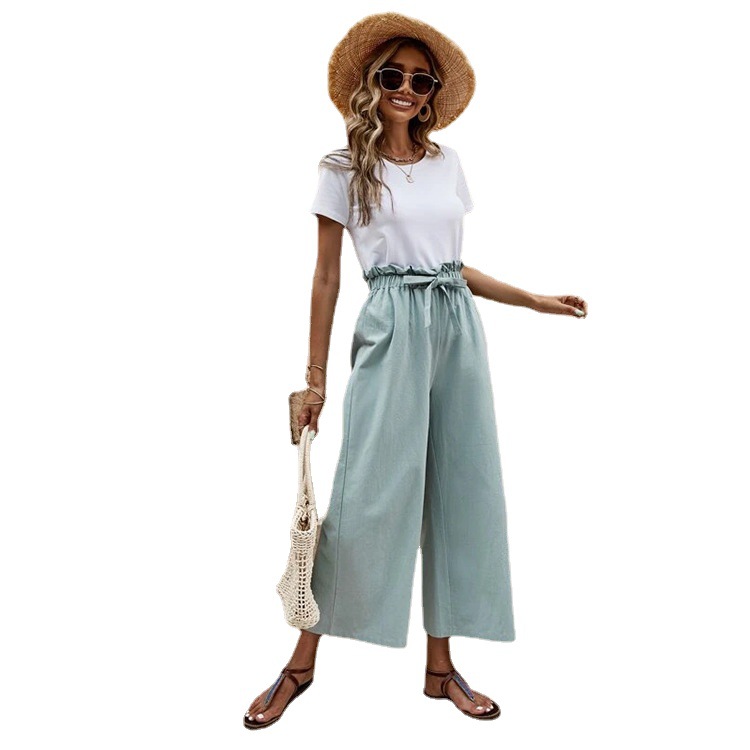 2023 New Summer Cross-Border Women's Clothing European and American Elastic Waist Solid Color Cotton Linen Belt Wide Leg Pants Loose Cropped Pants for Women