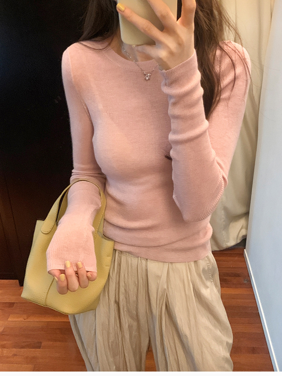 Autumn New Solid Color Slim Fit Slimming Pullover Bottoming Sweater Women's Soft Glutinous round Neck Underwear Long Sleeved Top