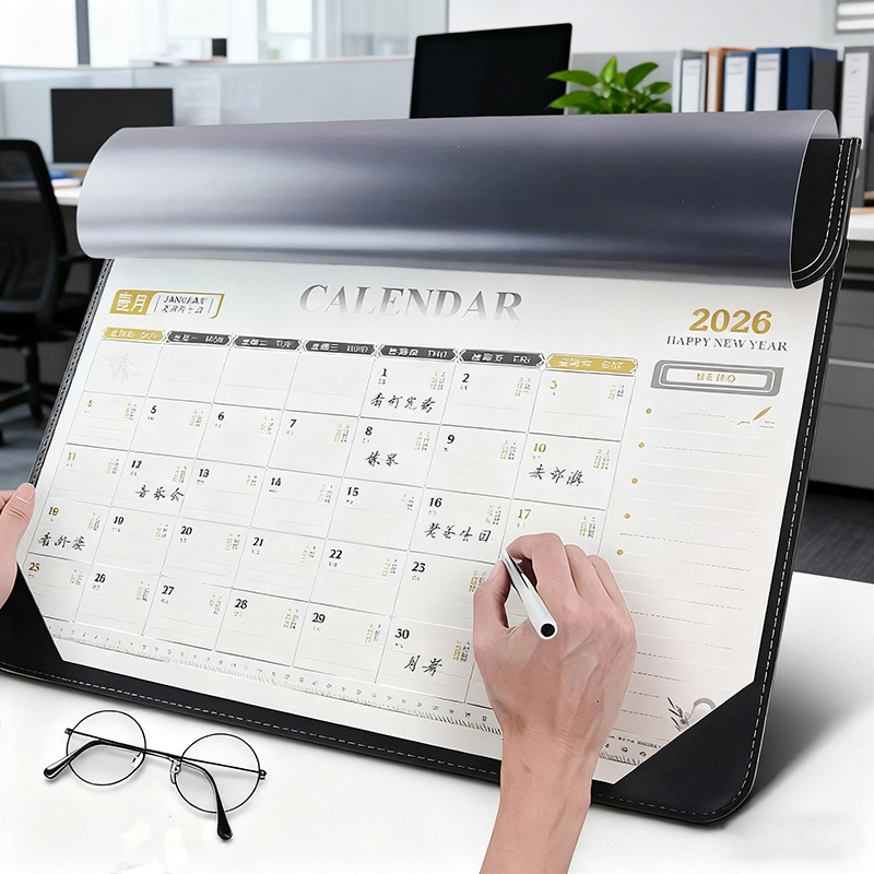 2026年皮质台历PU皮革商务办公记事日历平铺桌垫鼠标垫印企业LOGO