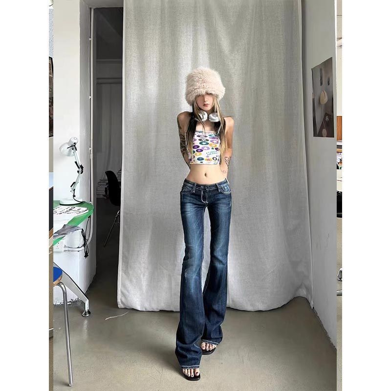 American Millennium Hot Girl Low Waist Slightly Flared Jeans Female 2023 Spring and Summer New Large Size Washed Horseshoe Mop Pants