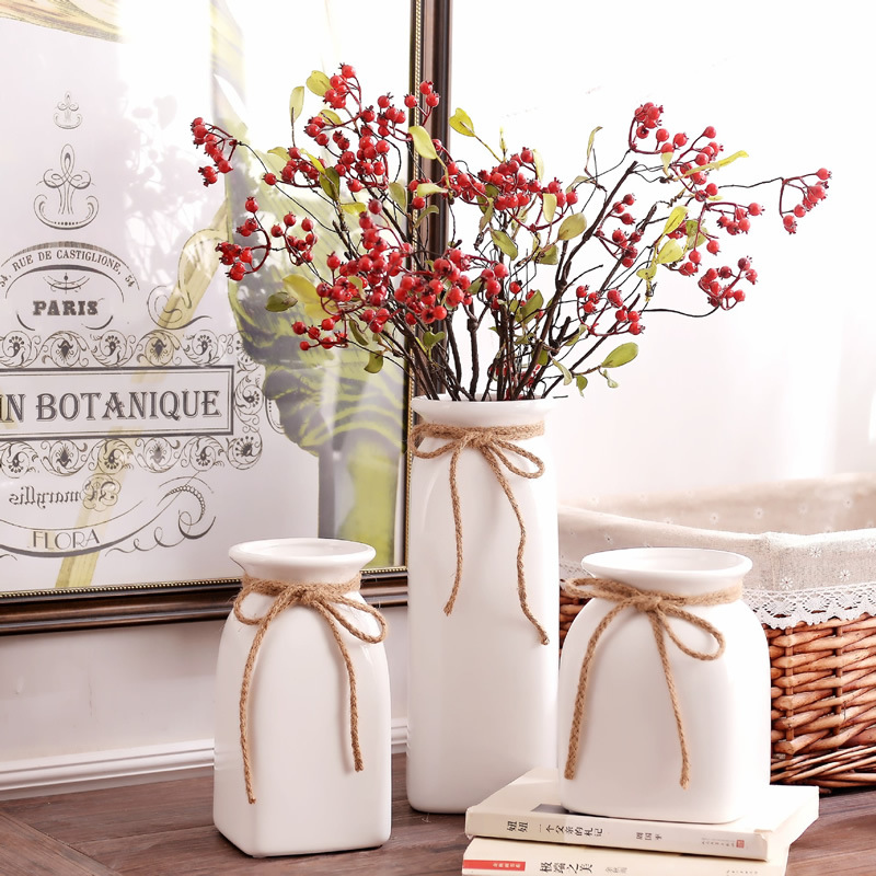 景德镇陶瓷 简约白色麻绳花瓶 小清新客厅干花插花家居装饰品摆件