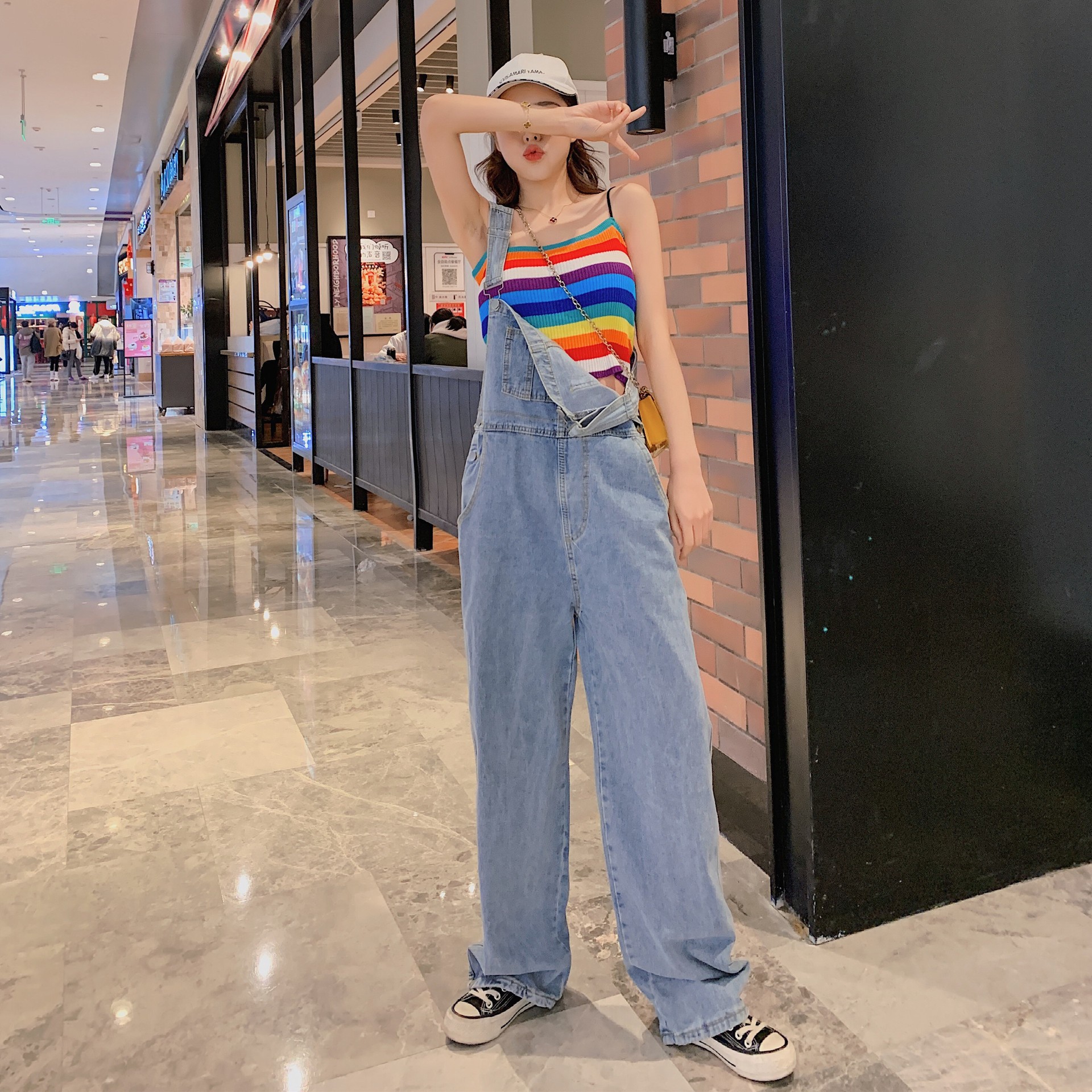 [In Stock] Internet Celebrity Mop Pants Spring and Summer Trousers Korean Style Loose plus Size High Waist Wide Leg Jeans Suspender Pants for Women