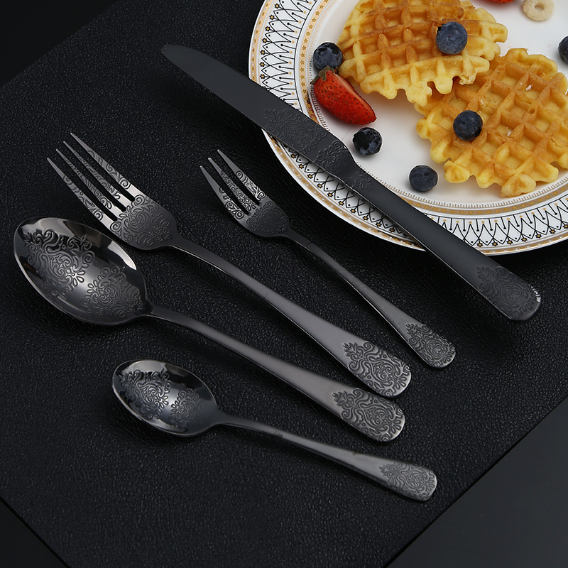 Stainless Steel Pattern Relief Knife, Fork and Spoon Set Household Spoon and Fork Vintage Western Steak Knife and Fork Cross-Border Tableware