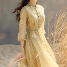 2658新中式轻国风黄色拼接假两件盘扣连衣裙春季新款绝美改良旗袍