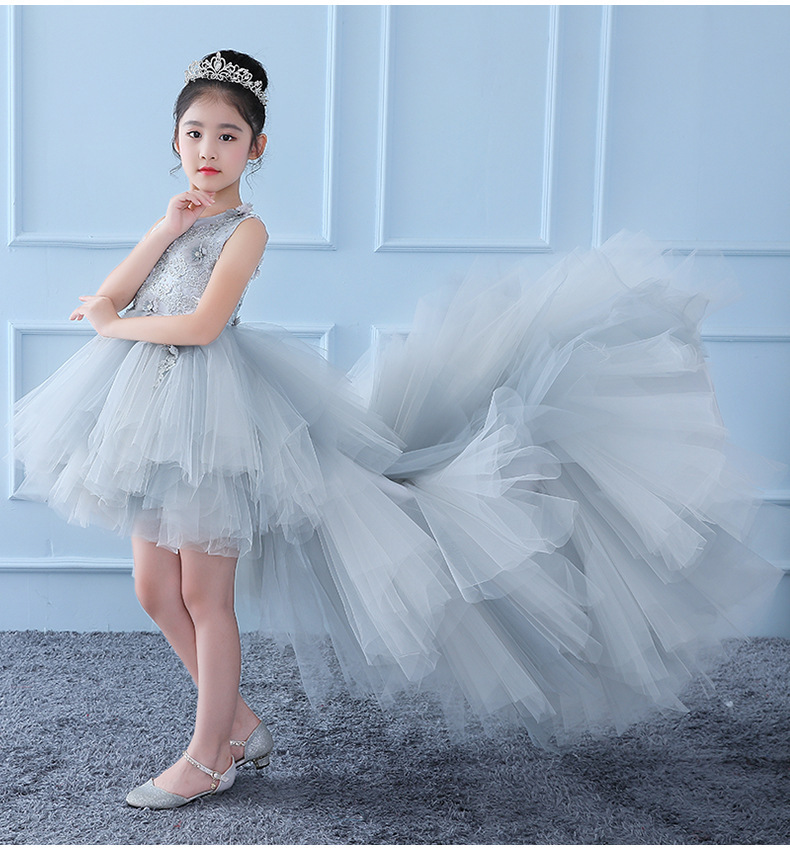 儿童晚礼服女童公主裙蓬蓬裙长拖尾中大童小主持人模特走秀演出服