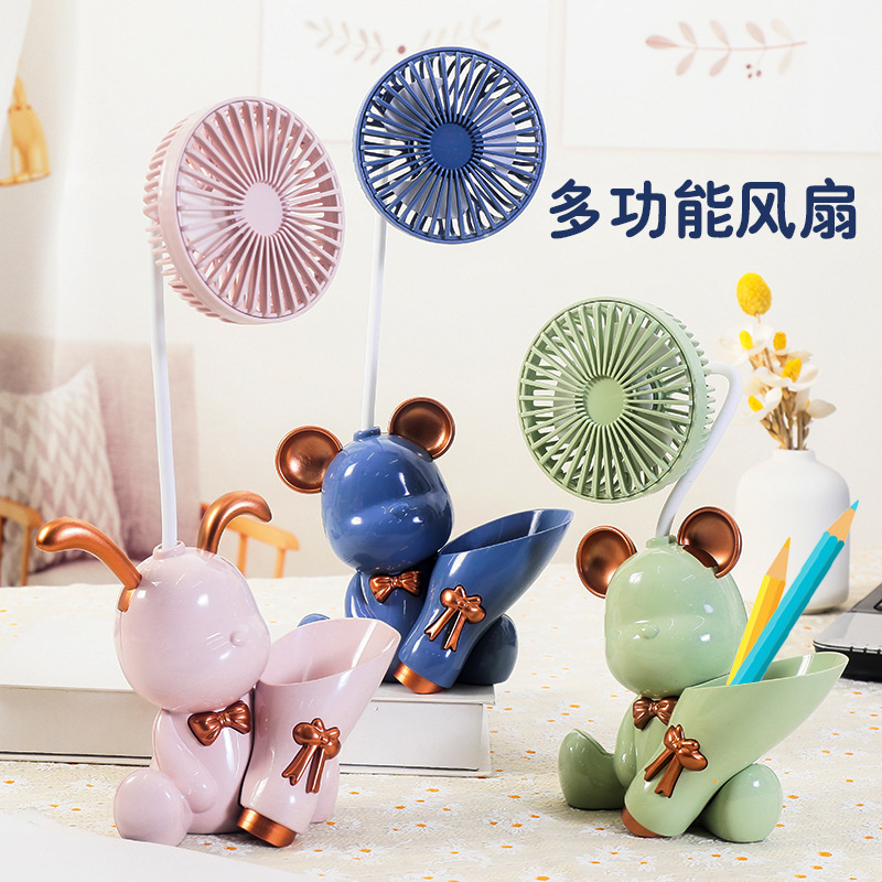 Internet Celebrity Cartoon Bear USB Small Fan Bedroom Decoration Pen Holder Storage Charging Fan Small Desktop Fan