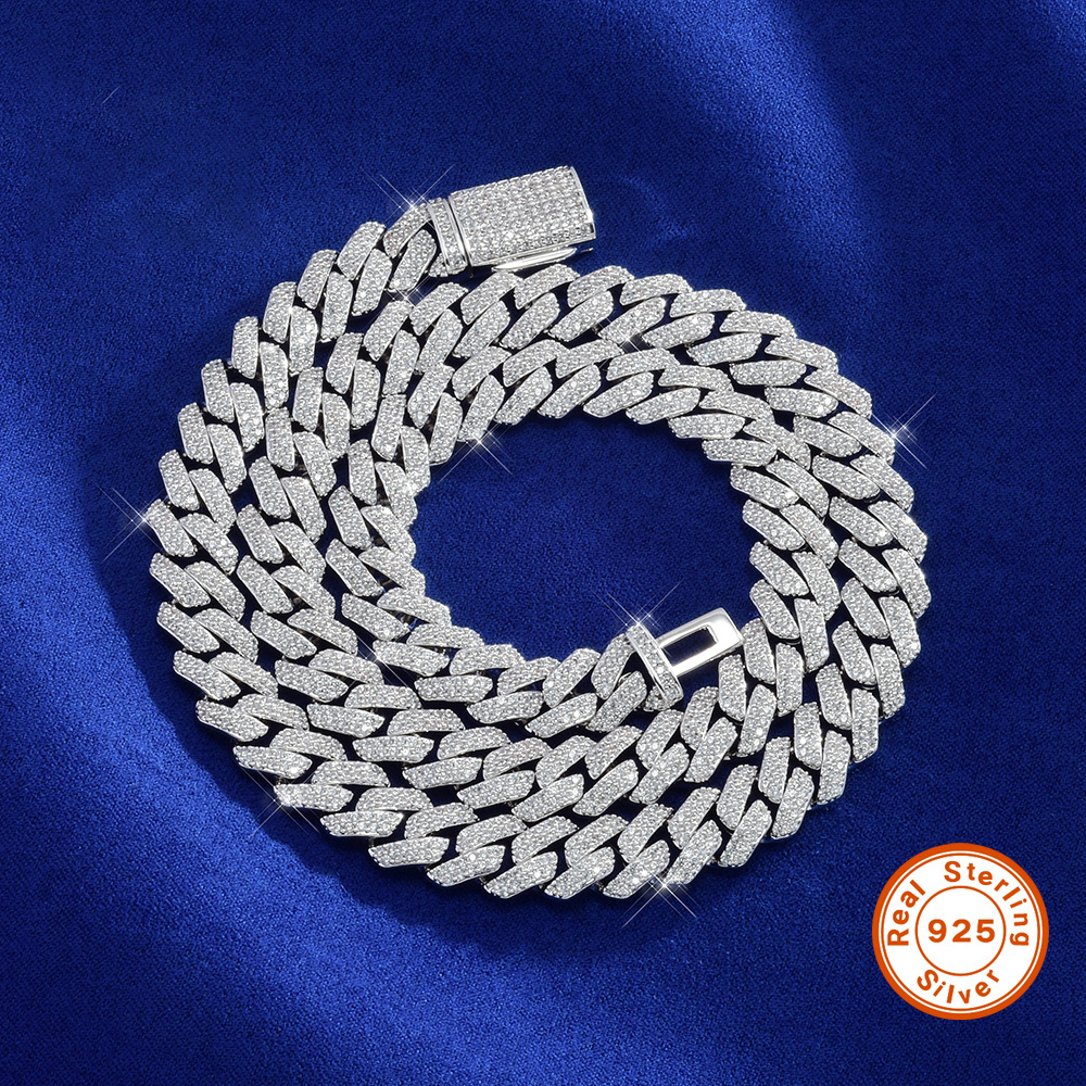 高质量菱形古巴链欧美热销10mms925银满镶莫桑石古巴链一件代发