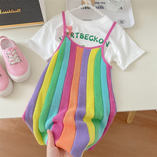 韩国童装女童夏季2023新款洋气彩虹纹吊带裙小女孩洋气吊带连衣裙