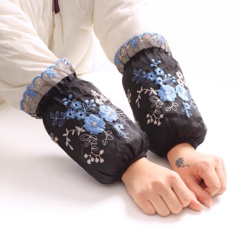 韩版绣花蕾丝袖套女冬短羽绒服耐脏袖头成人办公居家防污深色袖筒