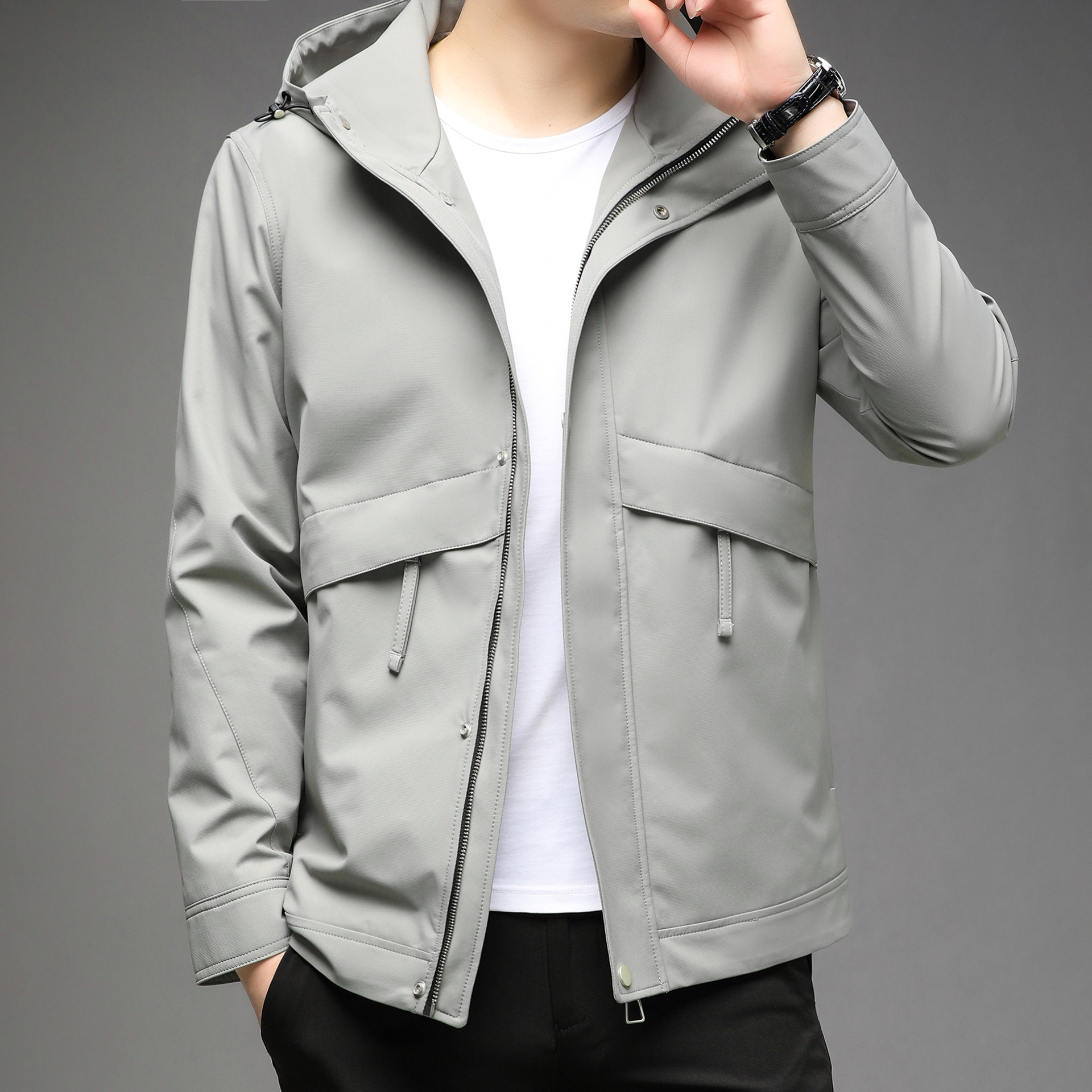 男士新款风衣拉链商务时尚春秋韩版2022休闲连帽男式夹克外套男装