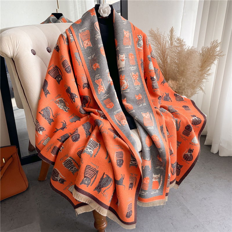 2022 Autumn and Winter New Cute Cartoon Kitty Scarf Female Student Cashmere-like Scarf Air Conditioning Shawl Female Outer Wear