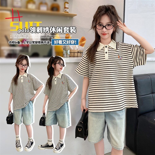 女童条纹短袖短裤夏季套装2024新款儿童装polo领夏装女大童两件套
