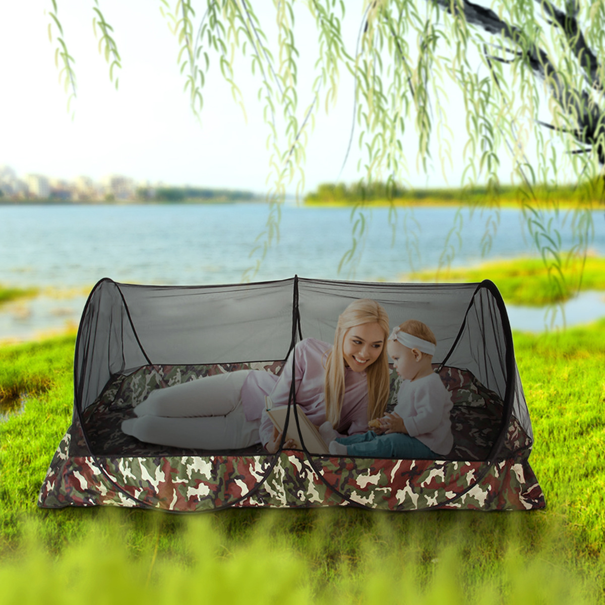 Outdoor Camouflage Outdoor Portable Portable Waterproof Insect-Proof Installation-Free Foldable Student Military Training Single Marching Mosquito Net