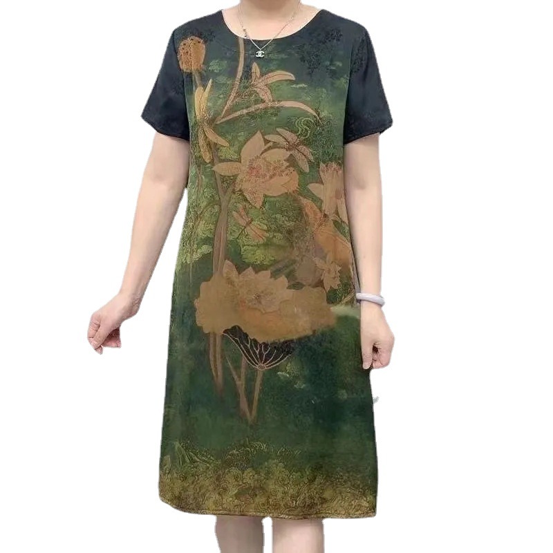 Summer 2022 New round Neck Positioning Printed Short-Sleeved Dress Western Style All-Matching Skirt plus Size Women's Mom Clothing