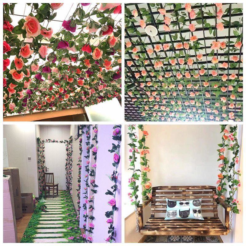 Artificial Rose Vine Artificial Flower Rattan Air Conditioning Pipe Cover Living Room Ceiling Decoration Plastic Vine Winding Plant