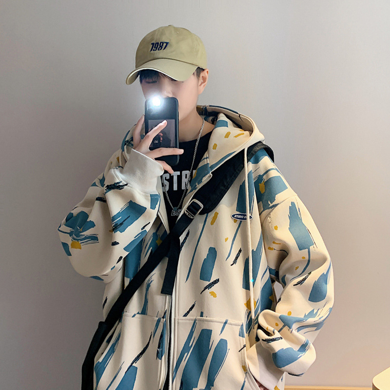 Cardigan Sweater Men's Autumn and Winter Korean Style Trendy Ins Hong Kong Style Student Loose Versatile Hooded Top Tie-Dyed Coat