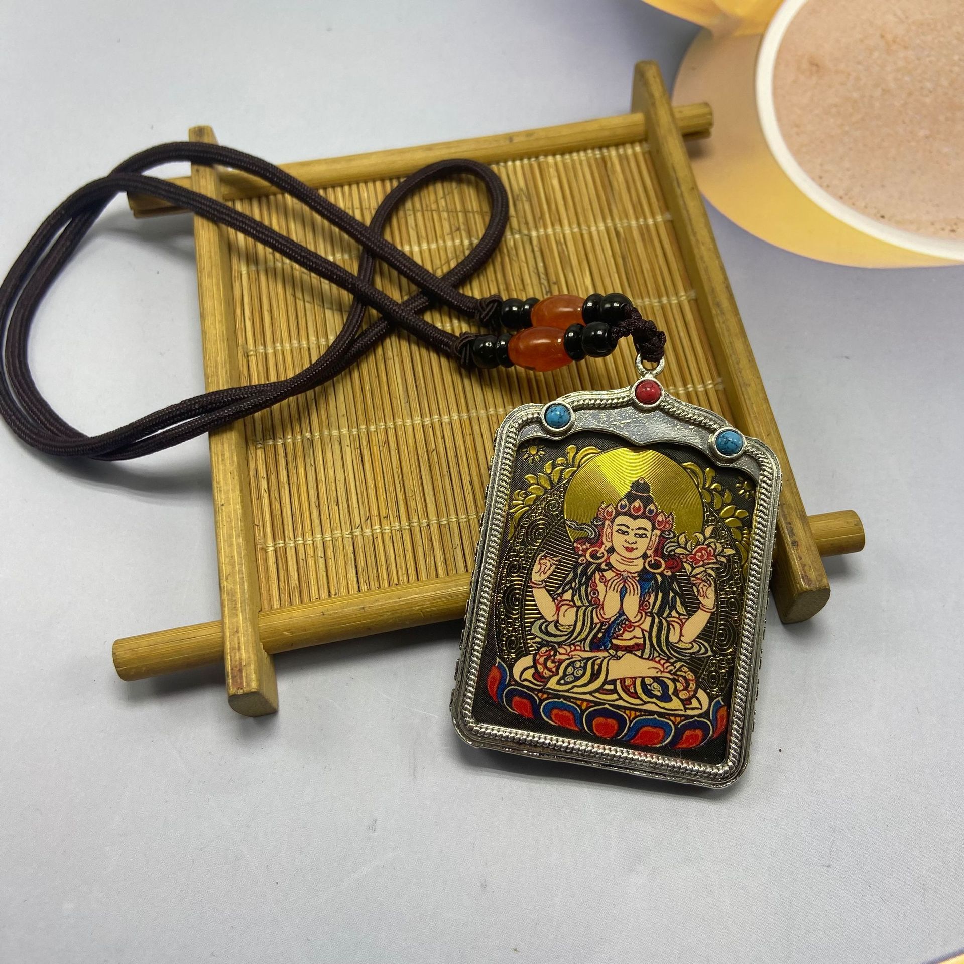 唐卡新款黑金唐卡吊坠八大守护神本命佛文殊菩萨小唐卡吊坠代发