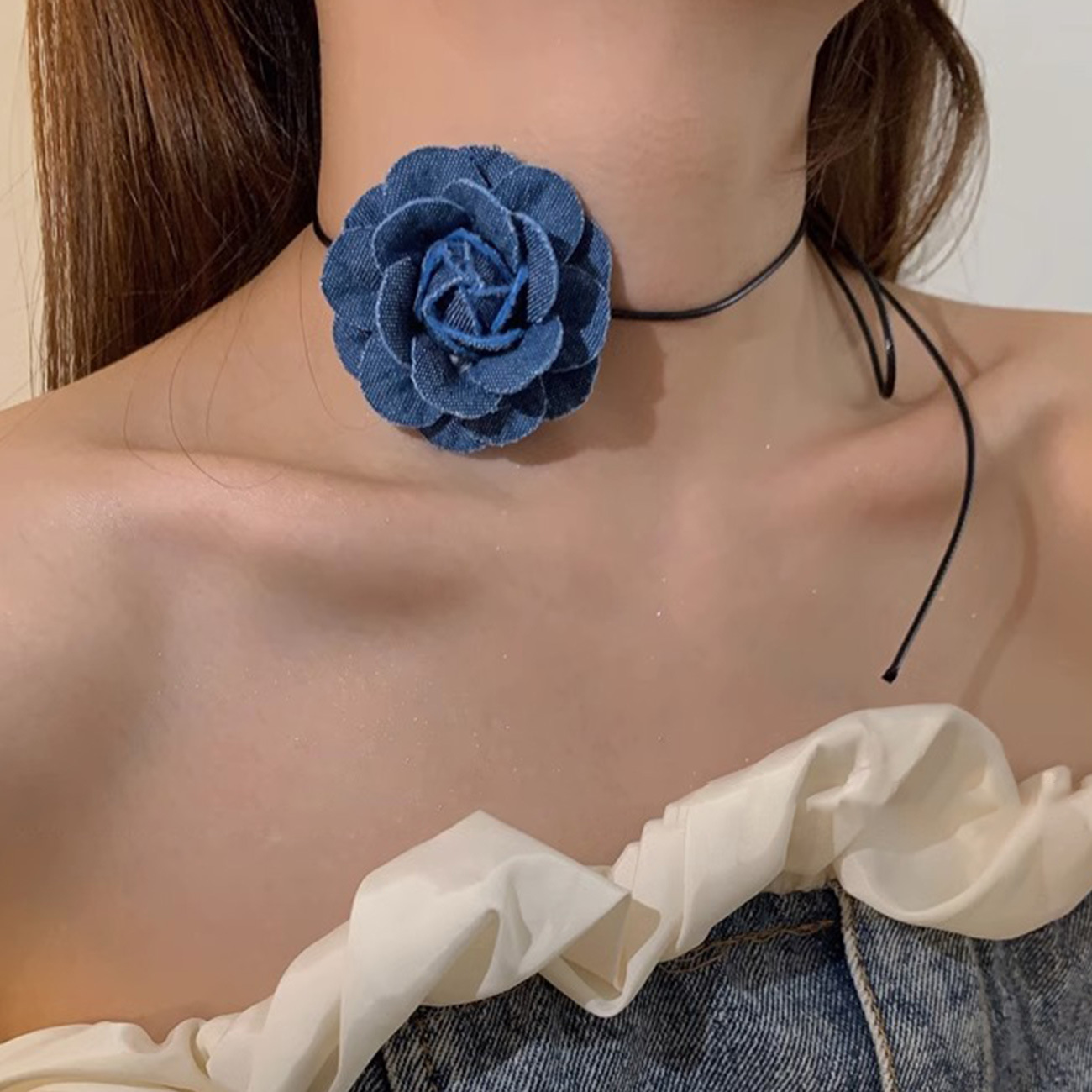蓝色牛仔山茶花颈链choker芭蕾风甜酷少女夏季甜酷绑带颈带锁骨链