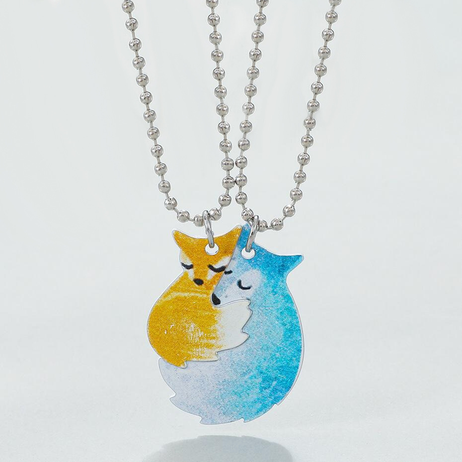 european and american popular stainless steel cute fox hug big gray wolf cartoon pendant good friend necklace couple gift batch