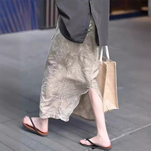 新中式国风提花半身裙女春季高腰气质设计感开叉中长款a字包臀裙