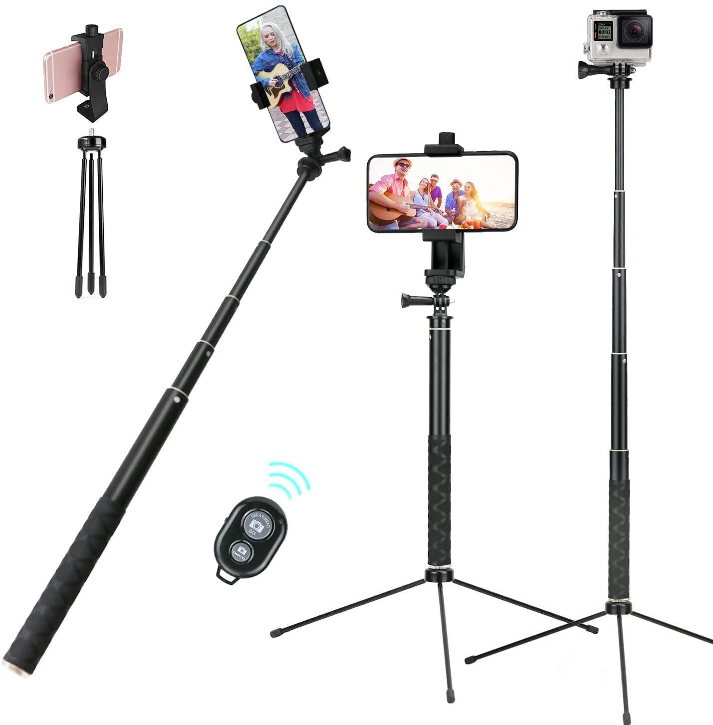 手机直播自拍杆三脚架转带接头铝合金51寸螺杆手机夹蓝牙户外携带