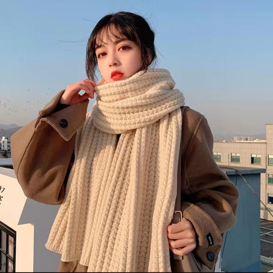 Women's Scarf Autumn and Winter Korean Style Solid Color Knitted Wool Keep Warm Student Cute Couple Internet Celebrity Scarf Men's Versatile