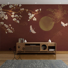 新中式古风壁纸玉兰花客厅沙发背景墙纸古典仙鹤壁画茶室红色墙布