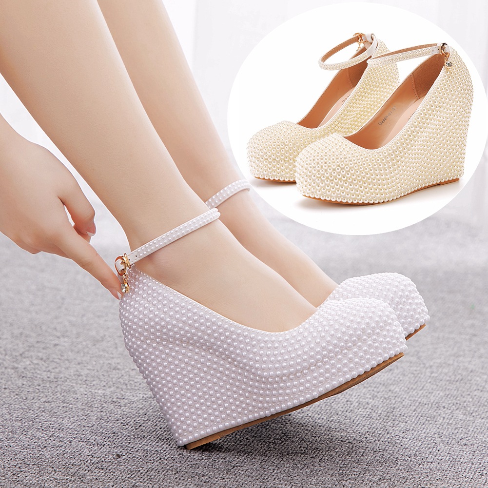 11厘米一字腕带圆头水台坡跟单鞋米白珍珠婚鞋新娘舞台t台高跟鞋
